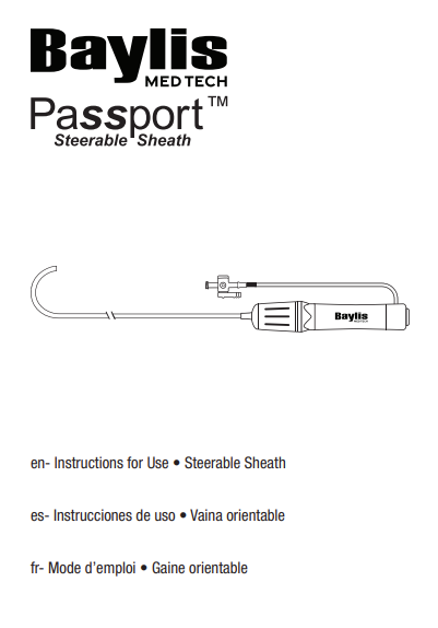 The PassportTM Steerable Sheath is a steerable guiding sheath that features an adjustable tip through use of a rotating collar that allows the physician to deflect the distal tip section of the sheath. The sheath has a hemostatic valve, sideport with stopcock, radiopaque distal tip, contains side flush portholes (available in some models), and the tip is deflected by rotating the collar incorporated into the handle. The dilator has depth markings (on some models) and snap or screw locks onto the sheath (depending on the model). The dilator has a tapered distal tip and an inner lumen.